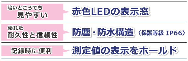 赤色LEDの表示窓　防塵・防水構造　測定値の表示をホールド