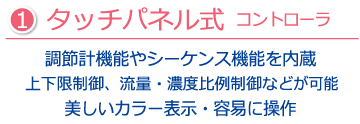 ①タッチパネル式コントローラー 調節計機能やシーケンス機能を内蔵 上下限値設定（サーキュレーション制御の場合に限定）が可能 美しいカラー表示・容易に操作