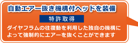 自動エアー抜き機構付ヘッドを装備　特許取得　ダイヤフラムの往復動を利用した独自の機構によって強制的にエアーを抜くことができます。