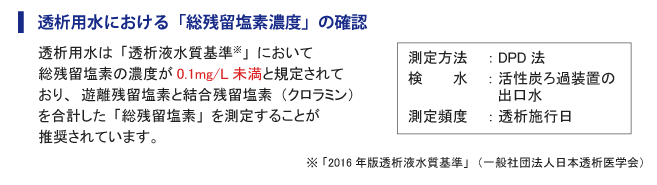 透析用水における「総残留塩素濃度」の確認  透析用水は「透析液水質基準※」において総残留塩素の濃度が0.1mg/L未満と規定されており、遊離残留塩素と結合残留塩素（クロラミン）を含計した「総残留塩素」を測定することが推奨されています。  測定方法：DPD法 検 水：活性炭ろ過装置の出口水 測定頻度：透析施行日  ※「2016年版透析液水質基準」（一般社団法人日本透析医学会）